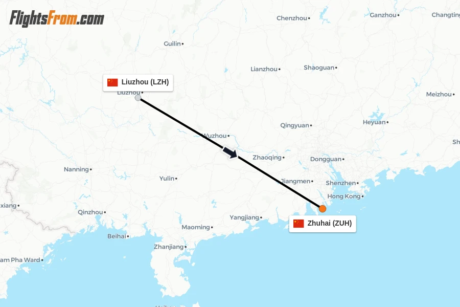 Flights from Liuzhou to Zhuhai route map