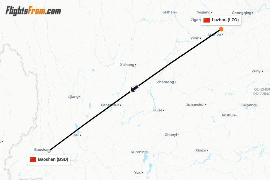 Flights from Luzhou to Baoshan route map