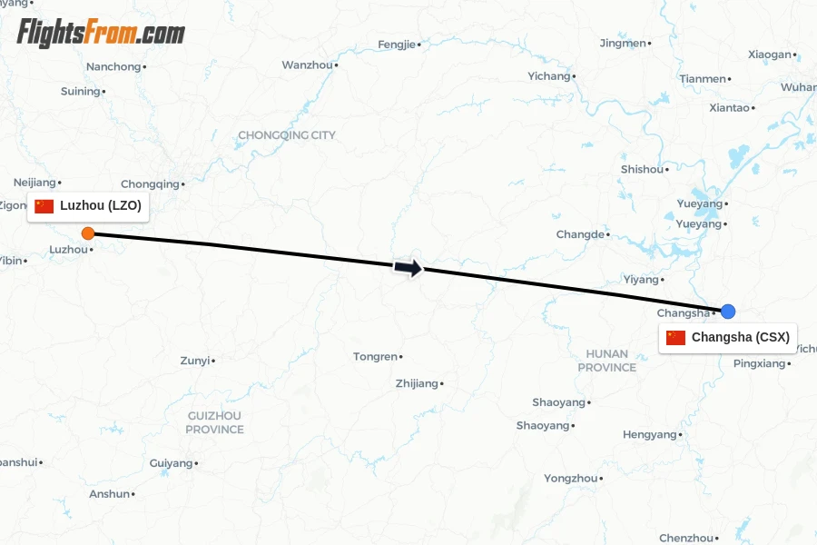 Flights from Luzhou to Changsha route map