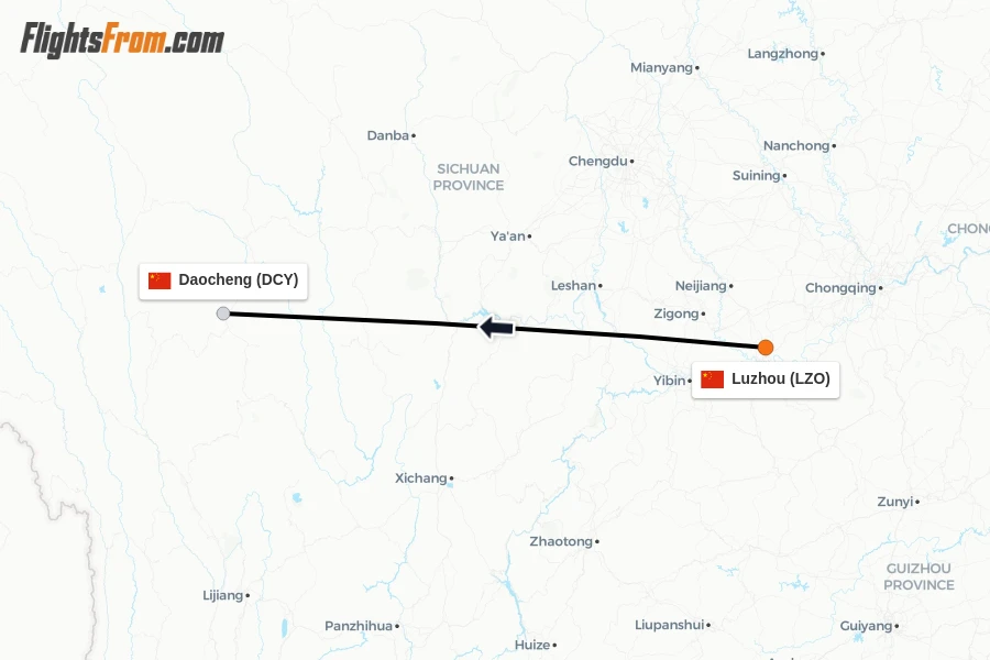 Flights from Luzhou to Daocheng route map