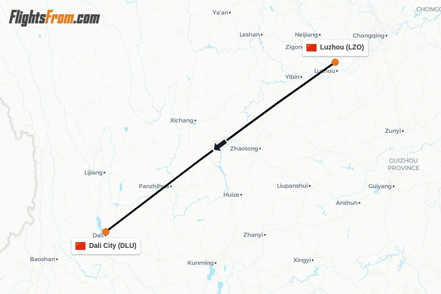Flights from Luzhou to Dali City route map