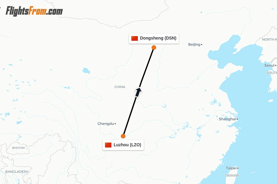 Flights from Luzhou to Dongsheng route map