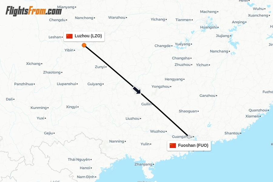 Flights from Luzhou to Fuoshan route map