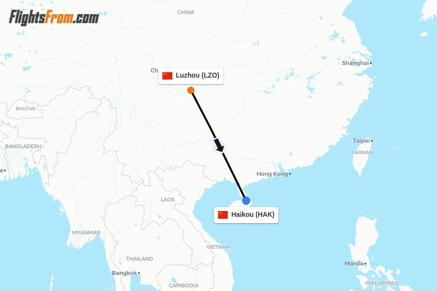Flights from Luzhou to Haikou route map