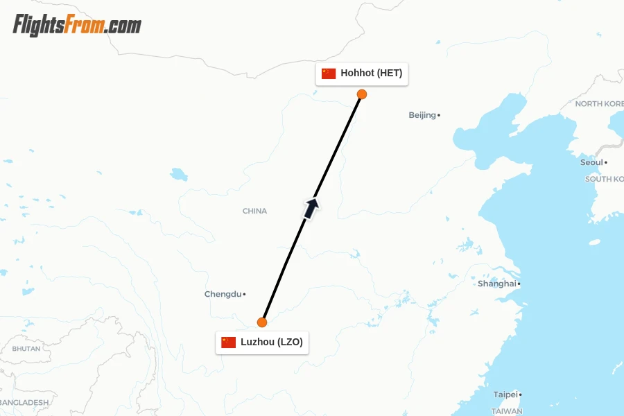 Flights from Luzhou to Hohhot route map