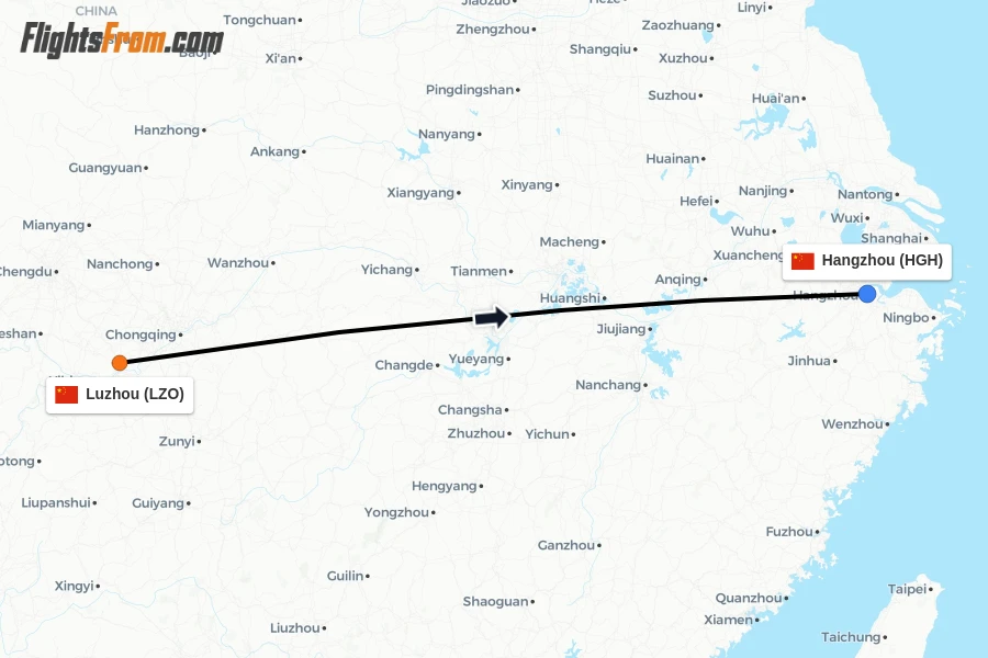 Flights from Luzhou to Hangzhou route map
