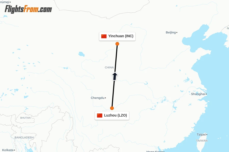 Flights from Luzhou to Yinchuan route map