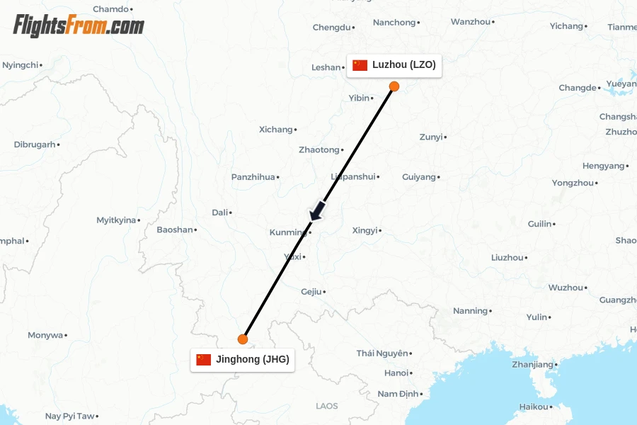 Flights from Luzhou to Jinghong route map