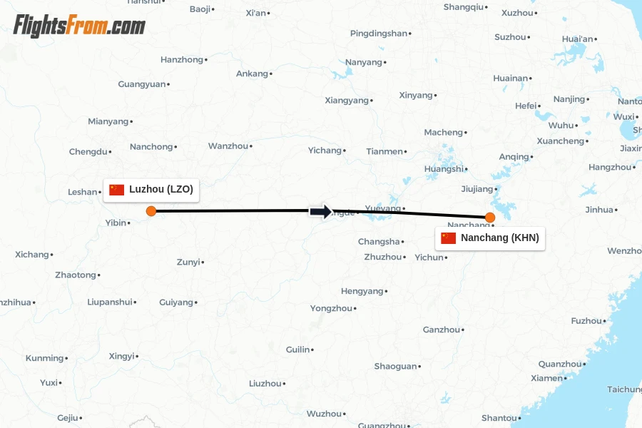 Flights from Luzhou to Nanchang route map