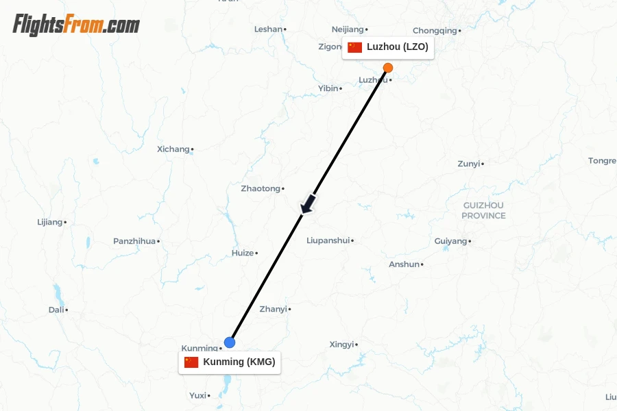 Flights from Luzhou to Kunming route map