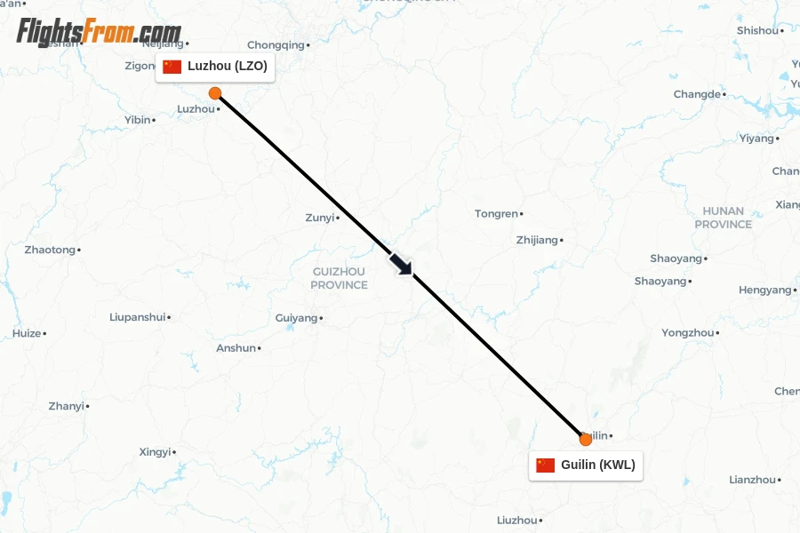 Flights from Luzhou to Guilin route map