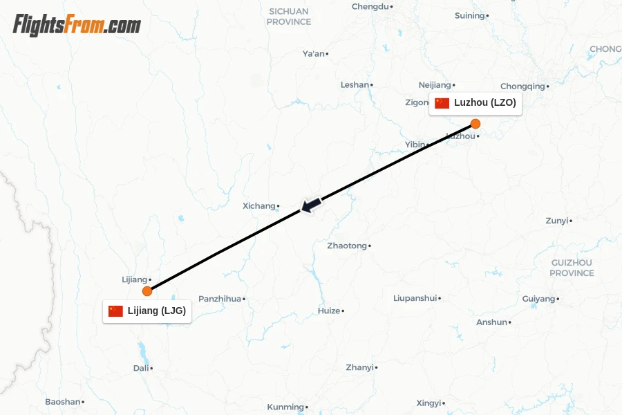 Flights from Luzhou to Lijiang route map