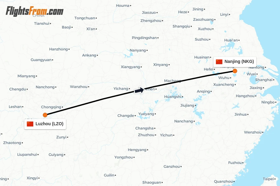Flights from Luzhou to Nanjing route map