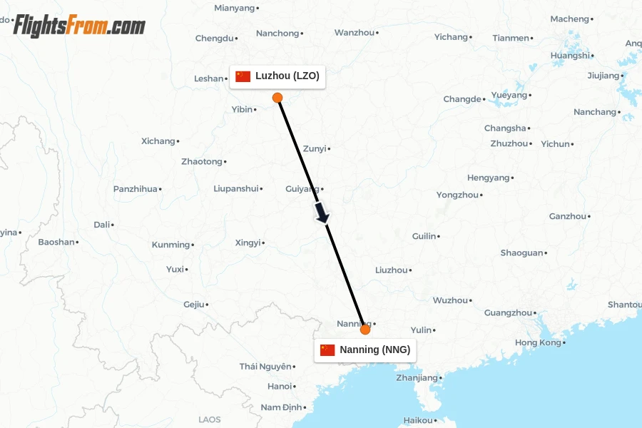 Flights from Luzhou to Nanning route map