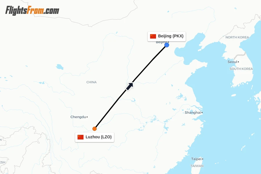 Flights from Luzhou to Beijing route map