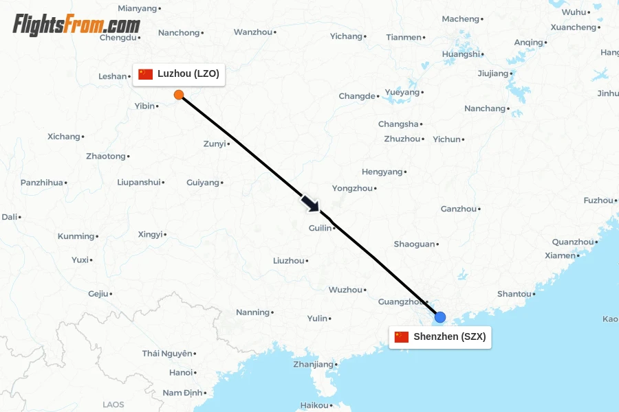 Flights from Luzhou to Shenzhen route map