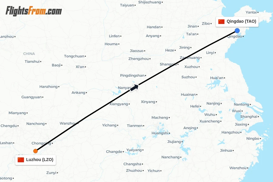 Flights from Luzhou to Qingdao route map