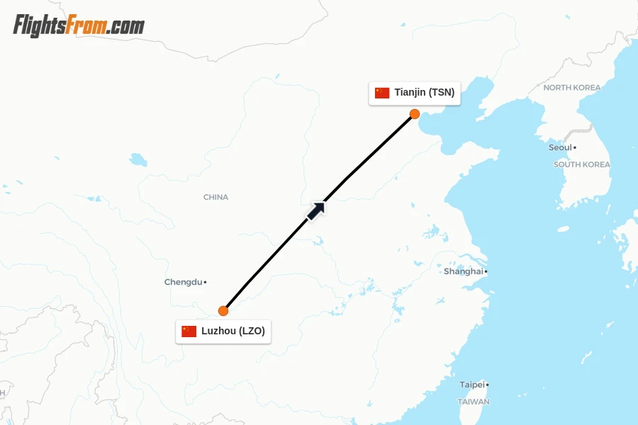 Flights from Luzhou to Tianjin route map