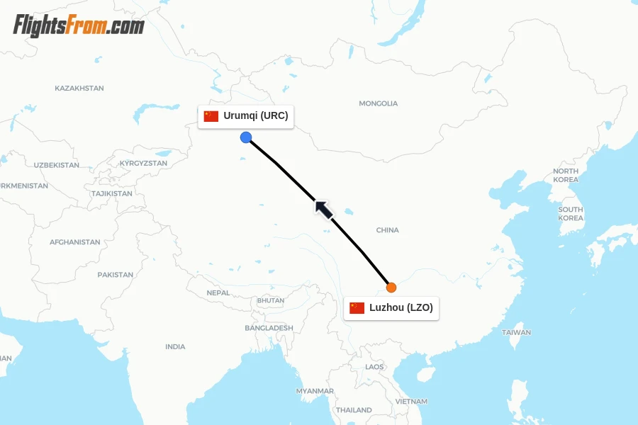 Flights from Luzhou to Urumqi route map