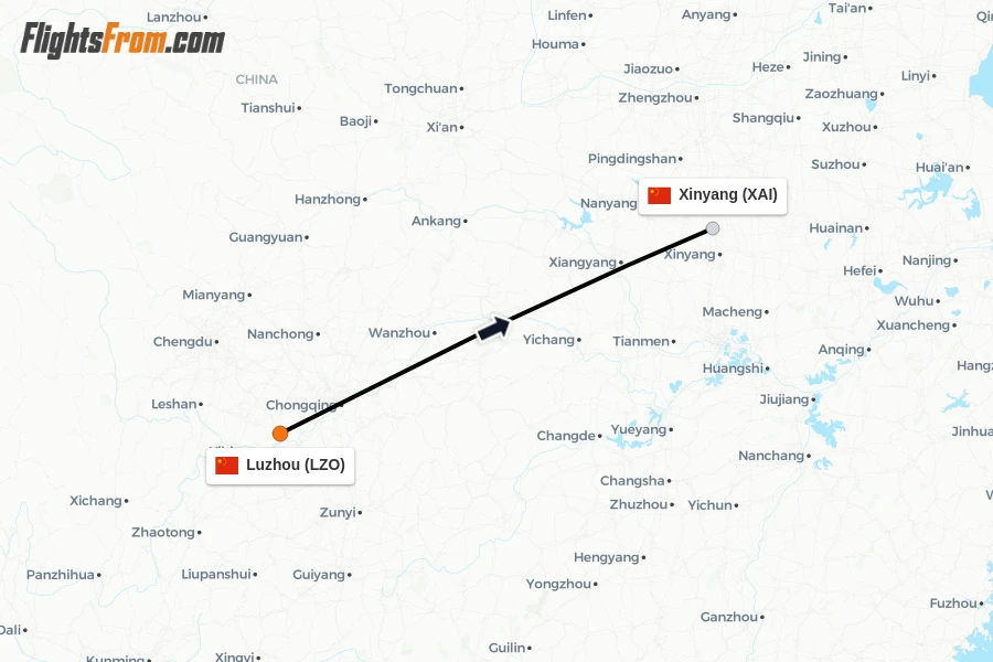 Flights from Luzhou to Xinyang route map