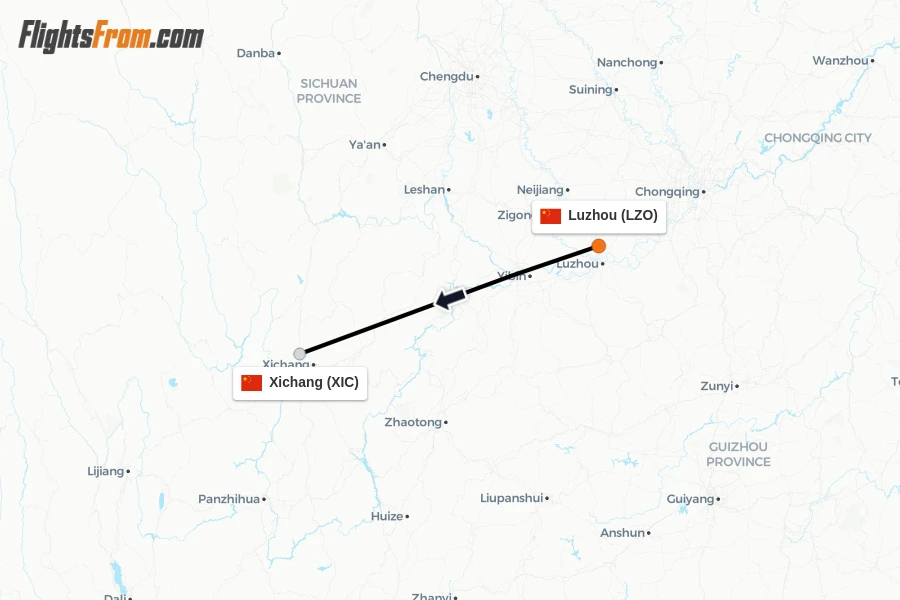 Flights from Luzhou to Xichang route map