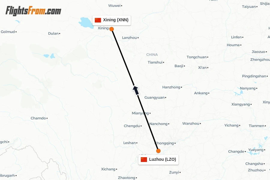 Flights from Luzhou to Xining route map