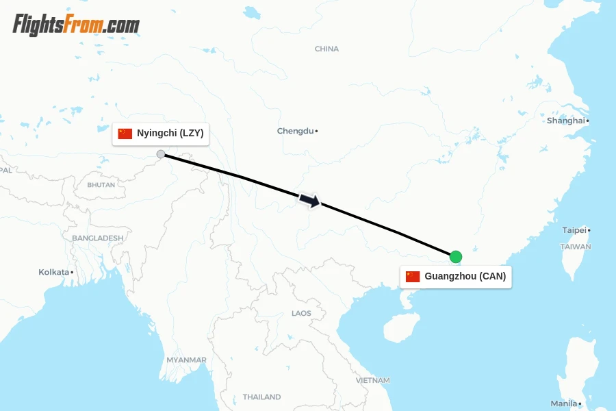Flights from Nyingchi to Guangzhou route map