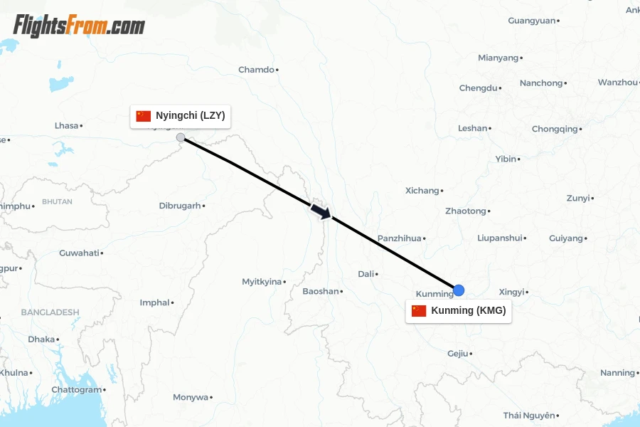 Flights from Nyingchi to Kunming route map