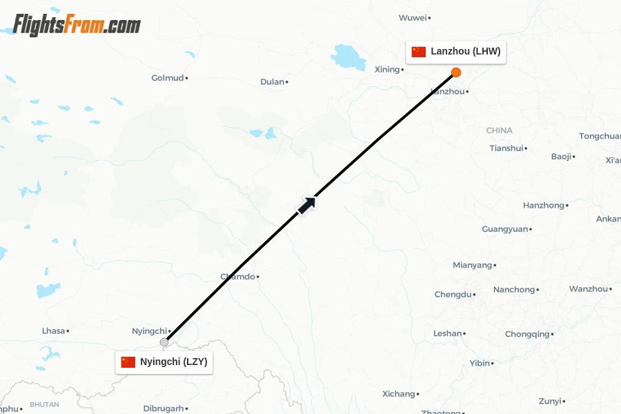 Flights from Nyingchi to Lanzhou route map