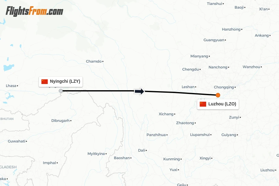 Flights from Nyingchi to Luzhou route map