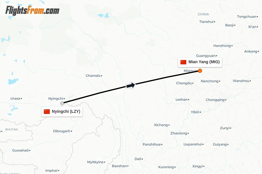 Flights from Nyingchi to Mian Yang route map