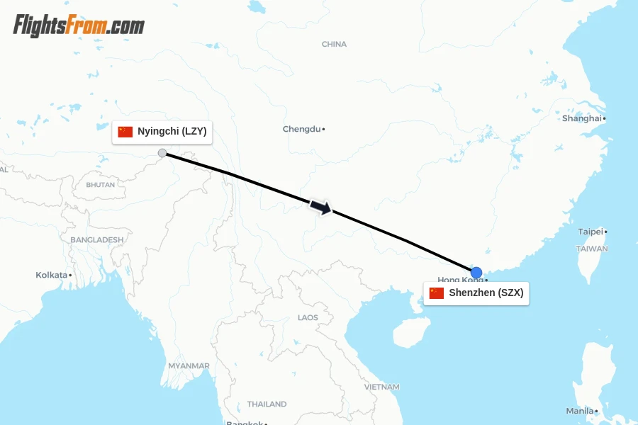 Flights from Nyingchi to Shenzhen route map
