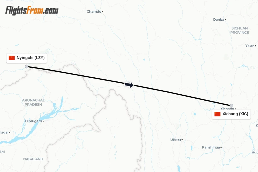 Flights from Nyingchi to Xichang route map