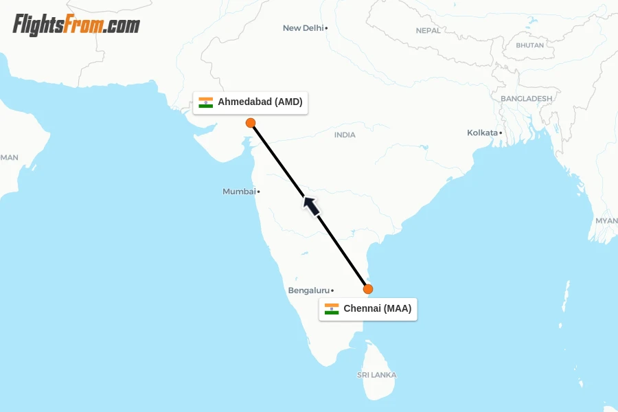 Flights from Chennai to Ahmedabad route map