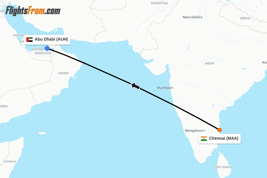 Flights from Chennai to Abu Dhabi route map