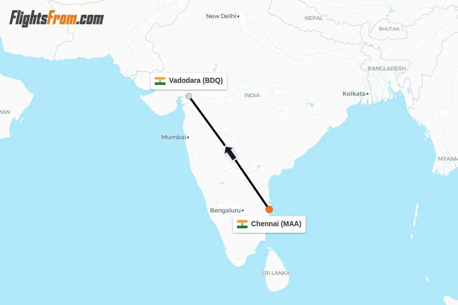 Flights from Chennai to Vadodara route map