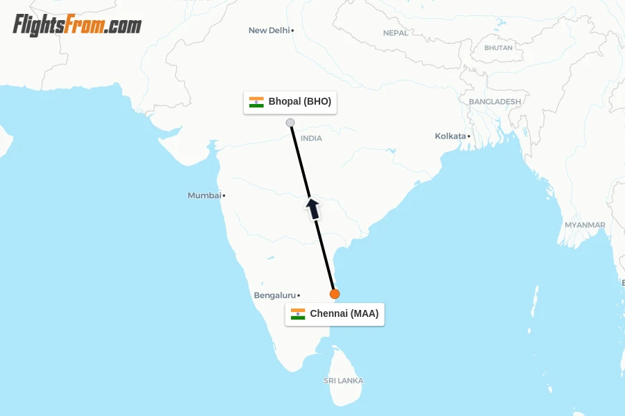 Flights from Chennai to Bhopal route map