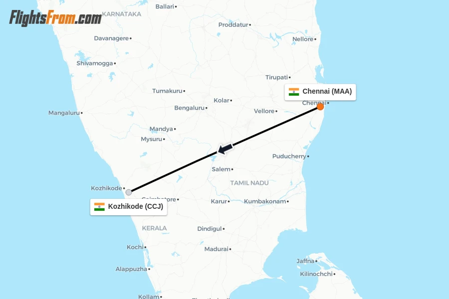 Flights from Chennai to Kozhikode route map