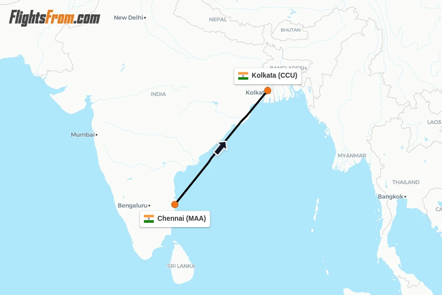 Flights from Chennai to Kolkata route map