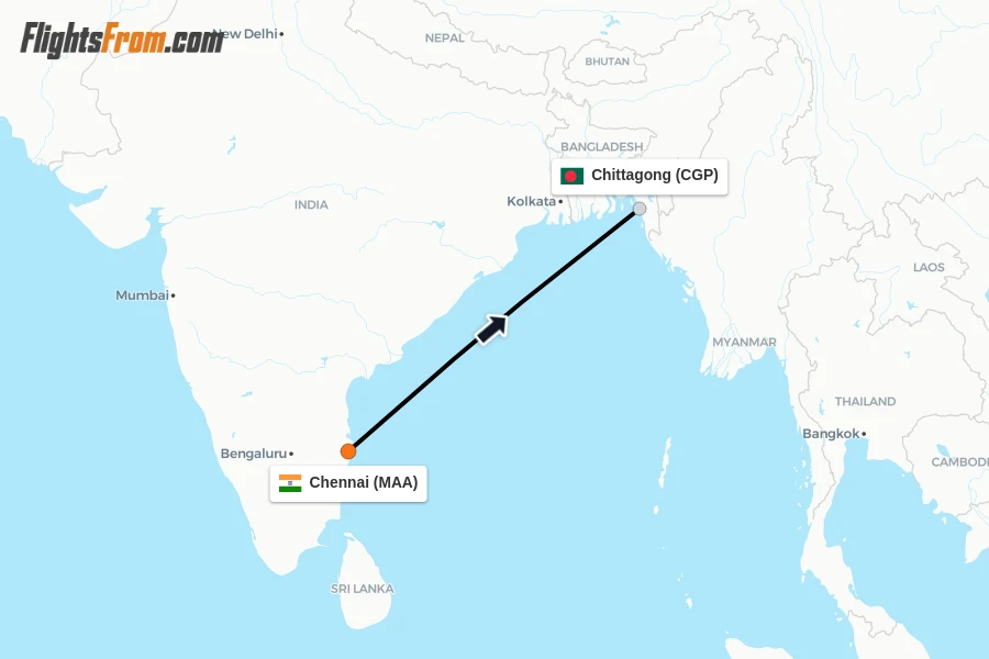Flights from Chennai to Chittagong route map