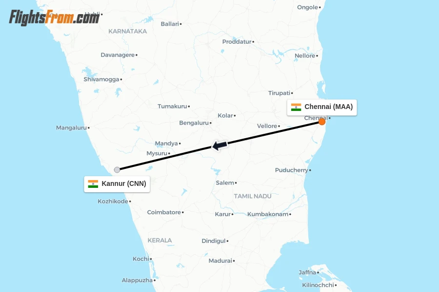 Flights from Chennai to Kannur route map