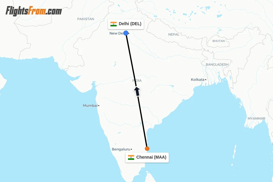 Flights from Chennai to Delhi route map