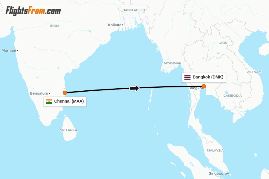 Flights from Chennai to Bangkok route map
