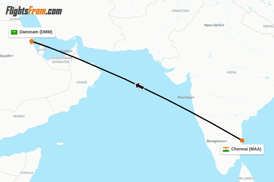 Flights from Chennai to Dammam route map