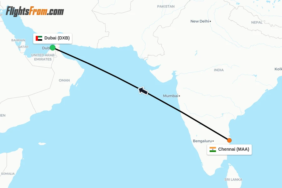 Flights from Chennai to Dubai route map