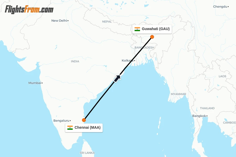 Flights from Chennai to Guwahati route map