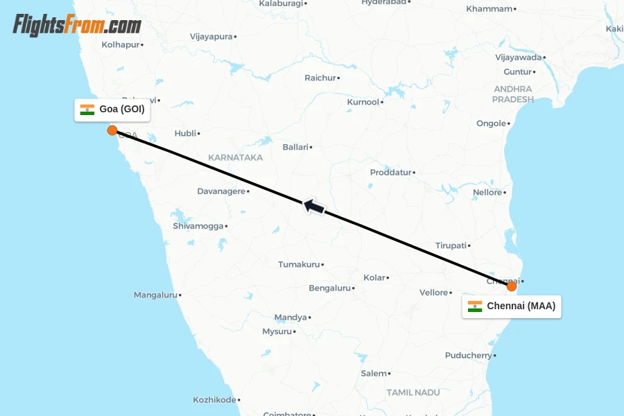 Flights from Chennai to Goa route map