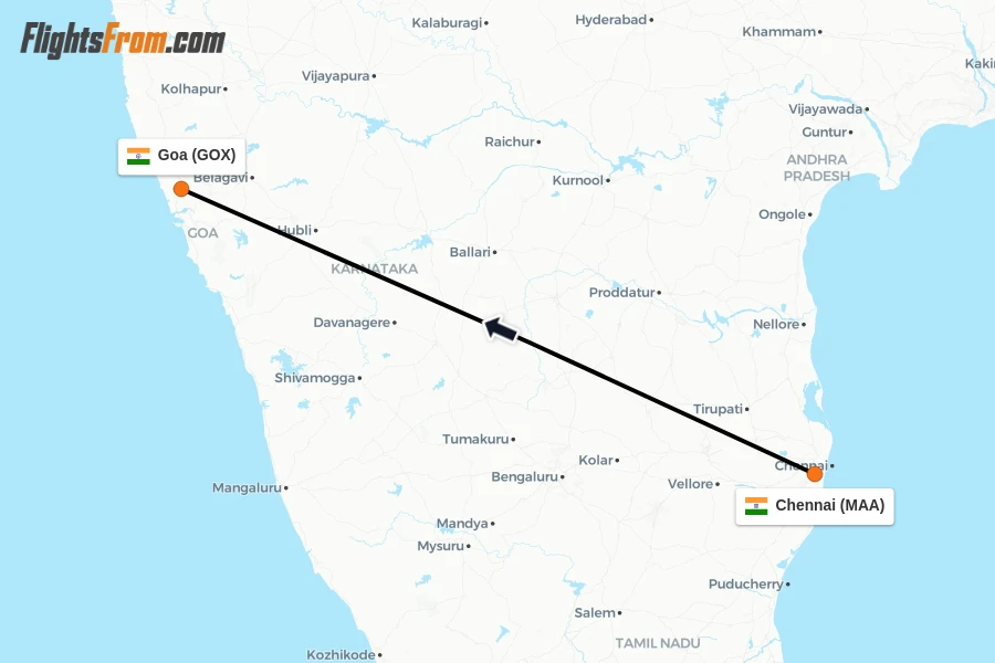 Flights from Chennai to Goa route map