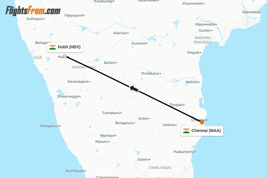Flights from Chennai to Hubli route map