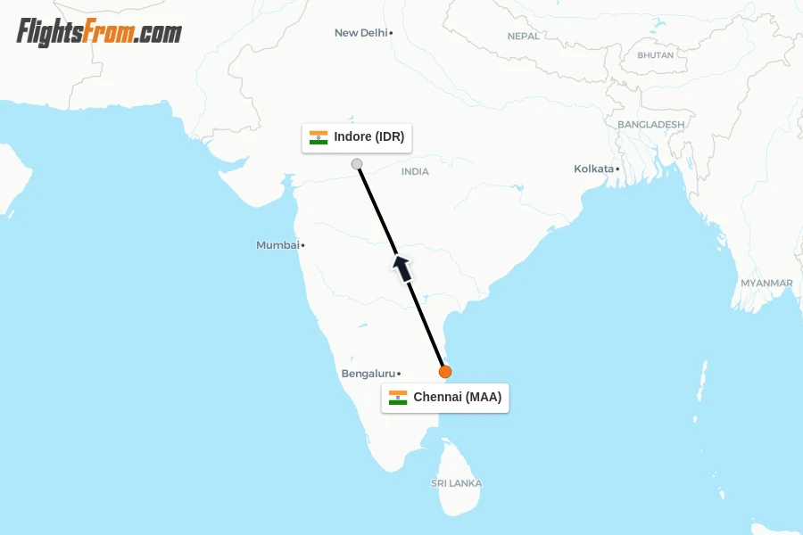 Flights from Chennai to Indore route map